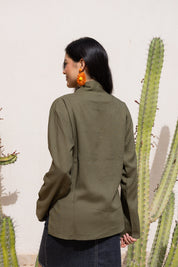 Flowing linen wrap blouse In Olive