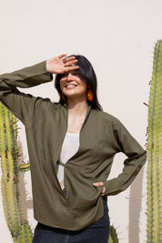 Flowing linen wrap blouse In Olive
