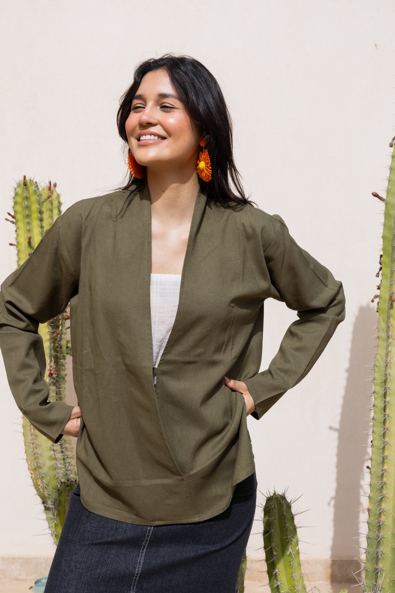 Flowing linen wrap blouse In Olive
