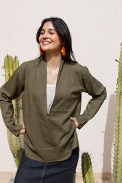 Flowing linen wrap blouse In Olive