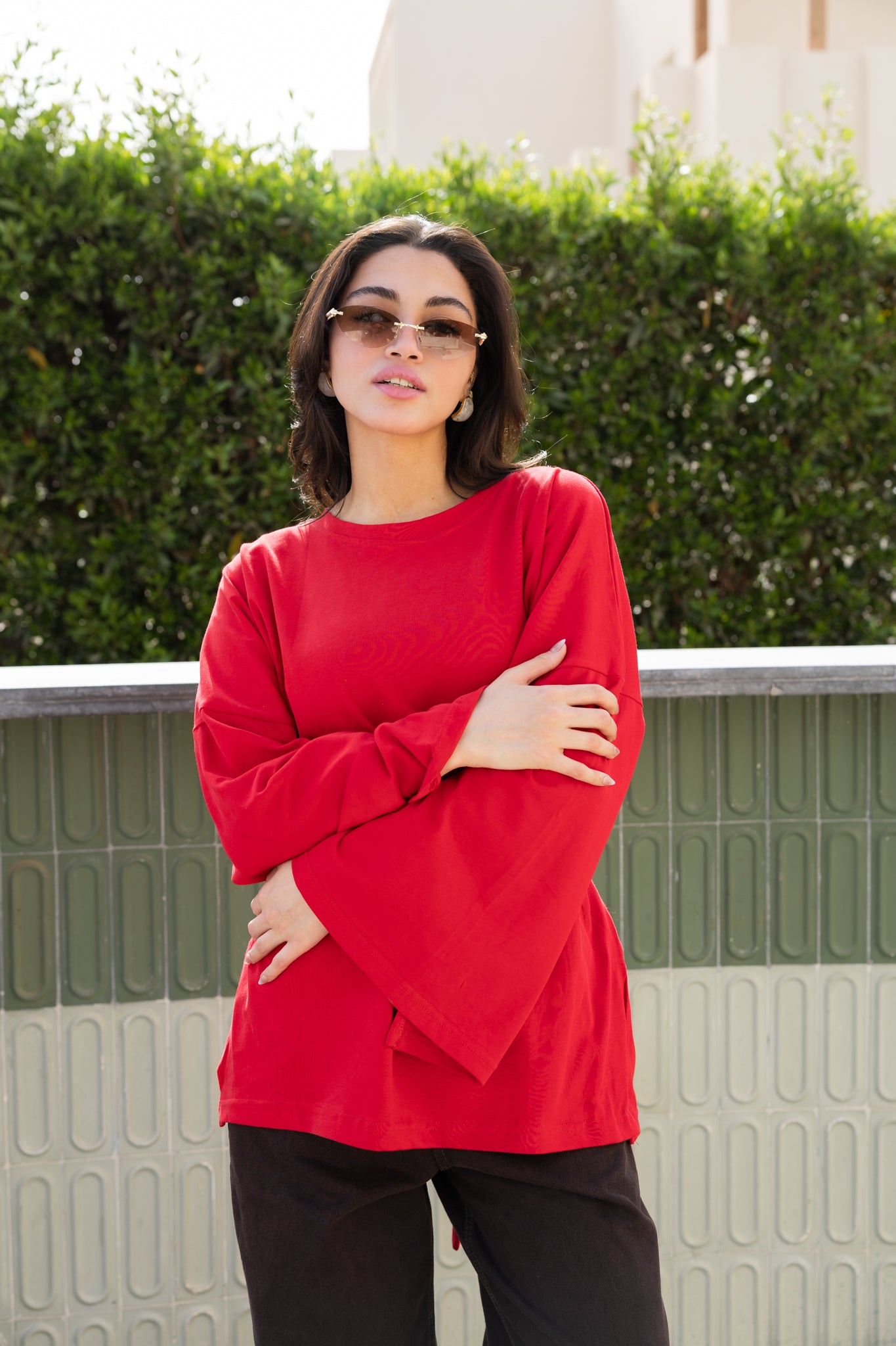 corset pleat waist Blouse In Red