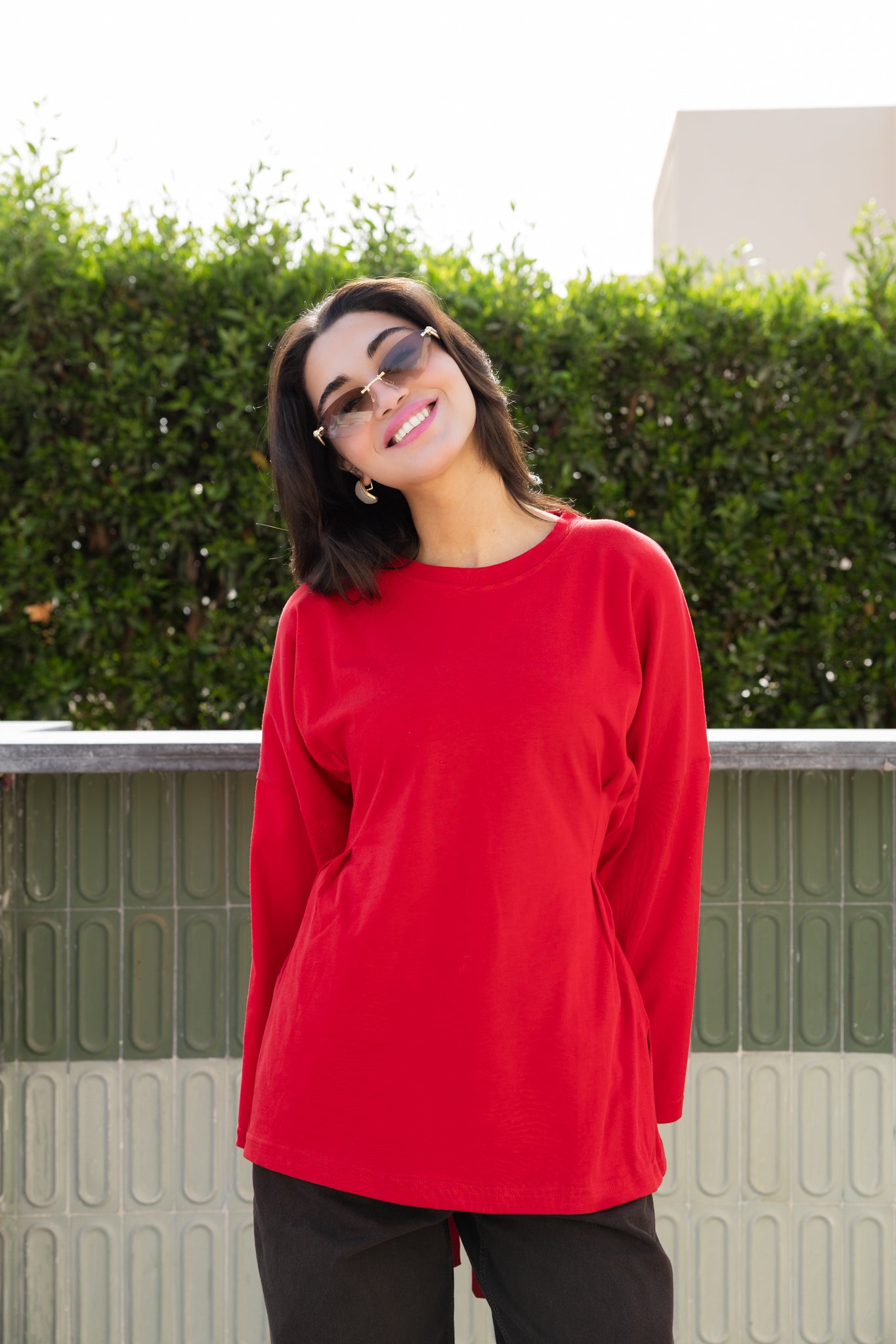 corset pleat waist Blouse In Red