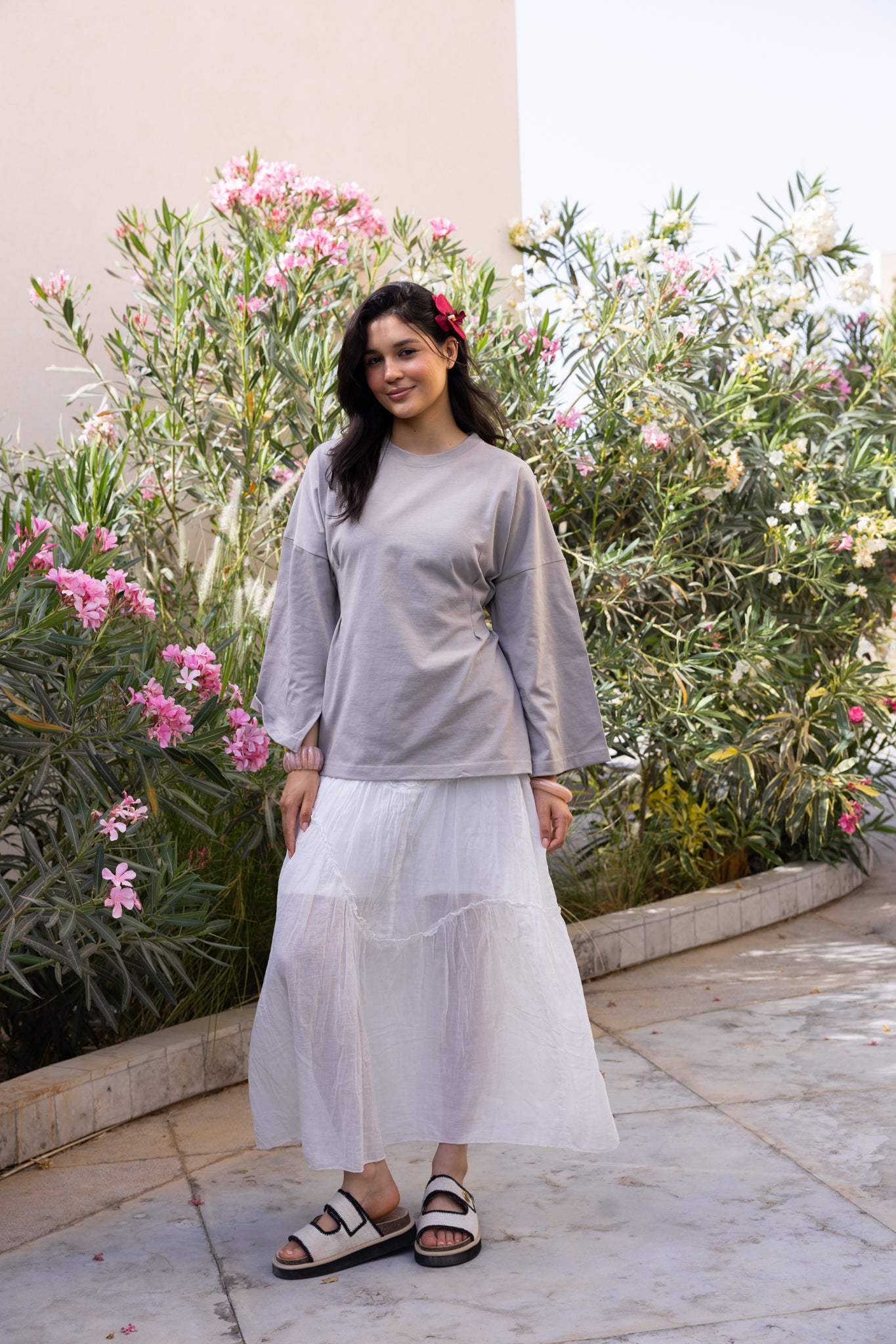 corset pleat waist Blouse In Grey