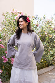 corset pleat waist Blouse In Grey