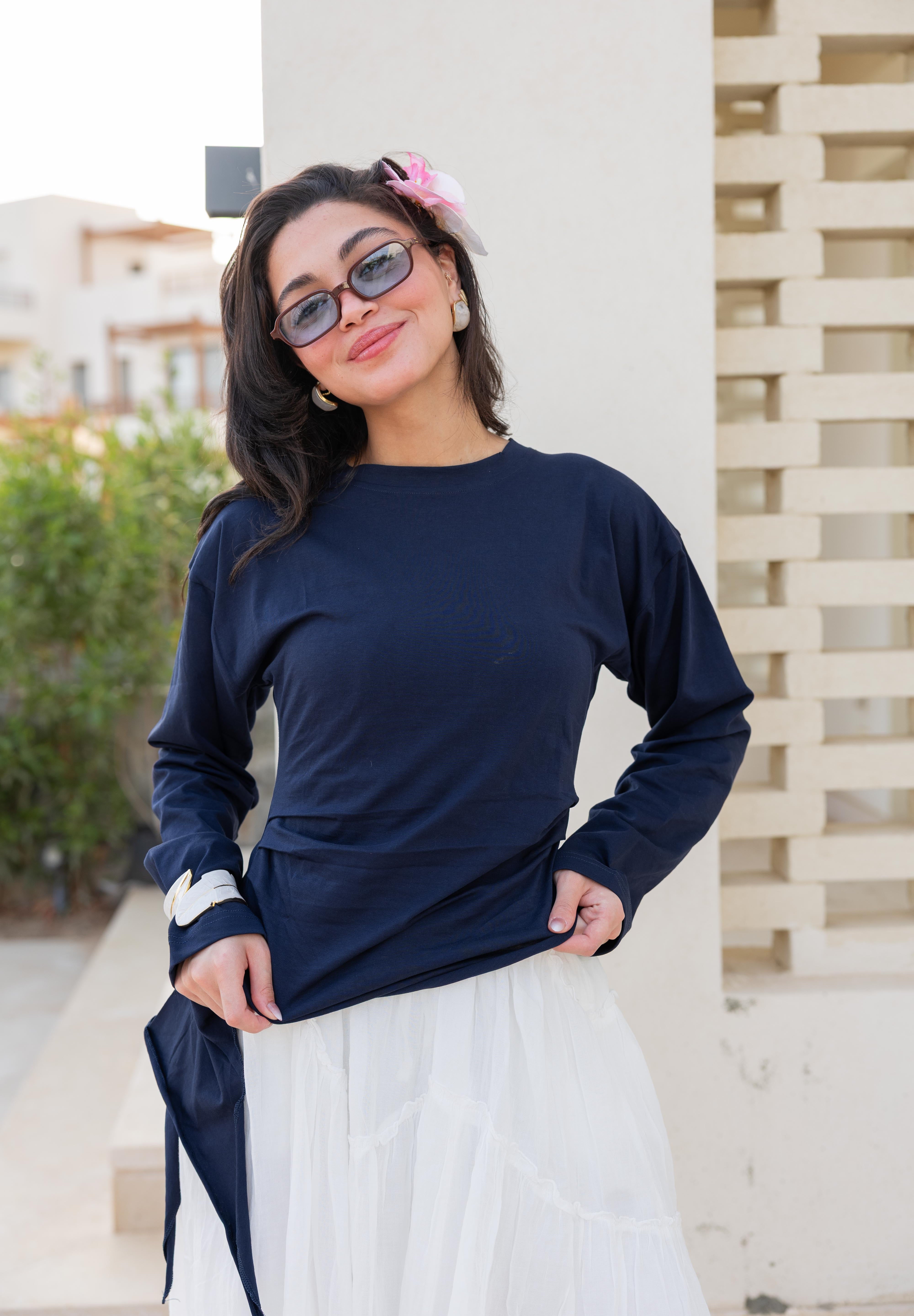 long sleeve ruched T-shirt In Navy Blue