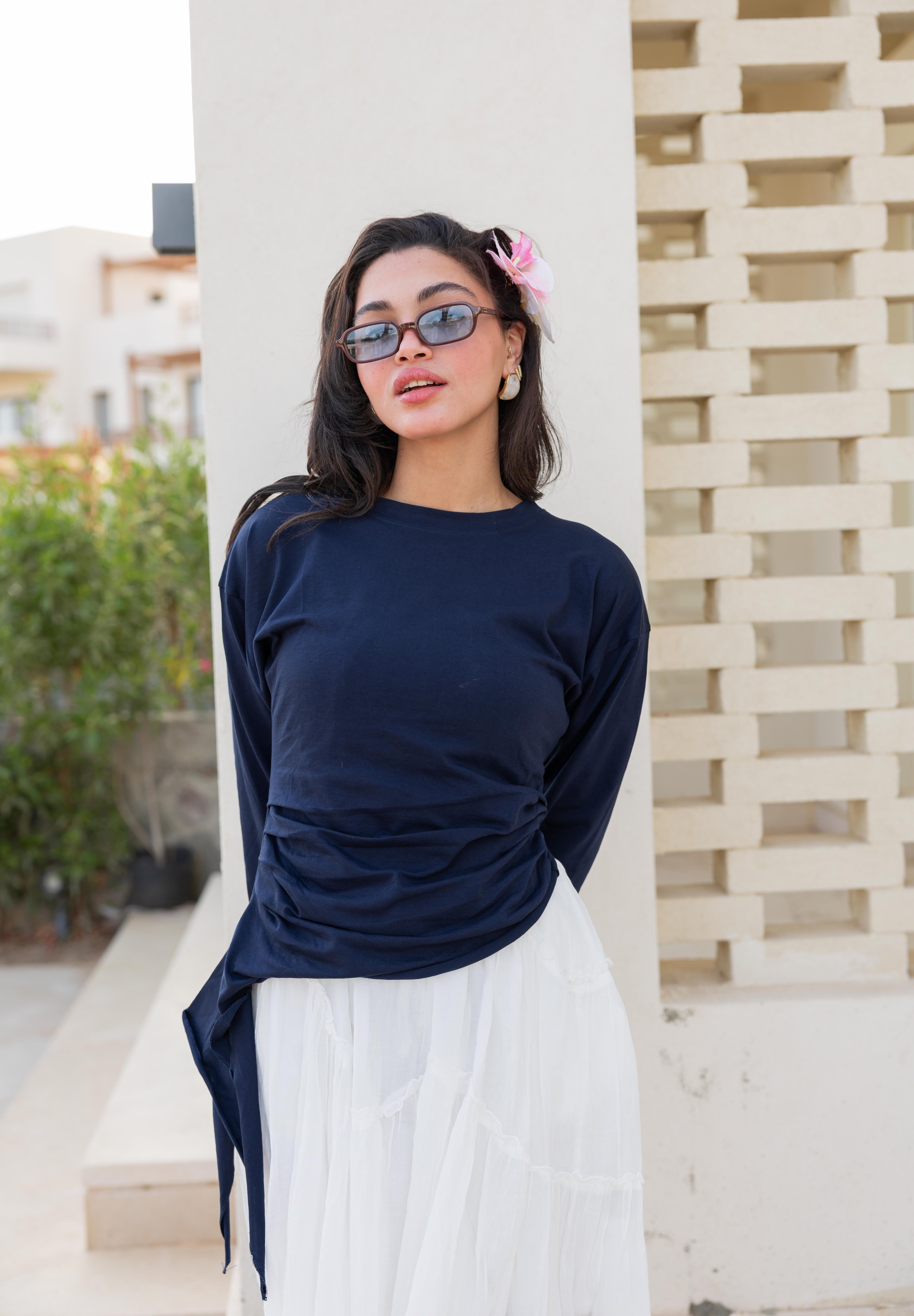 long sleeve ruched T-shirt In Navy Blue