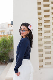 long sleeve ruched T-shirt In Navy Blue