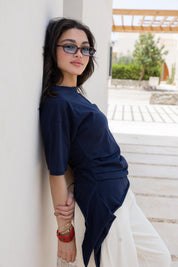 Short sleeve ruched T-shirt In Navy Blue