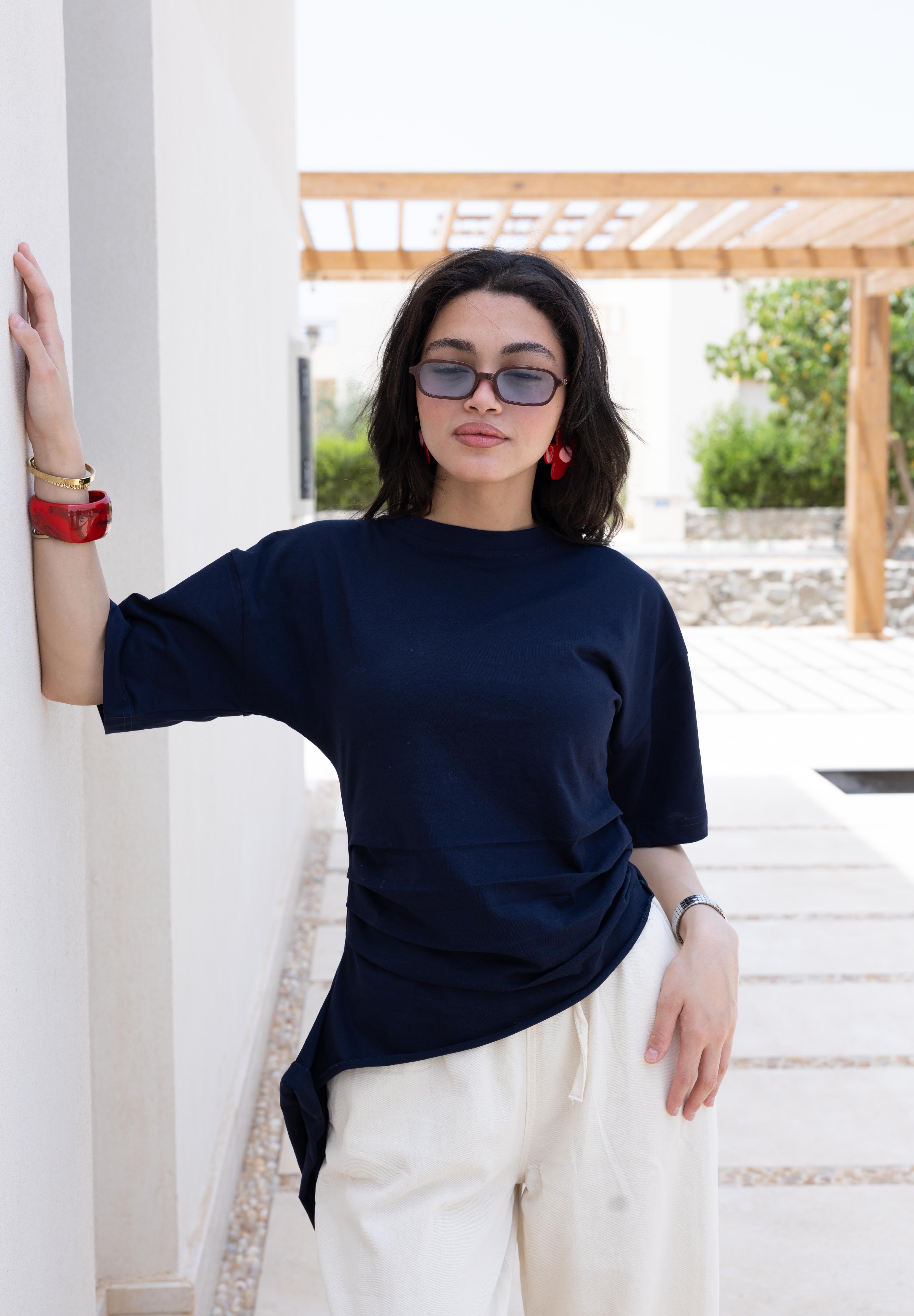 Short sleeve ruched T-shirt In Navy Blue