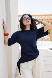 Short sleeve ruched T-shirt In Navy Blue