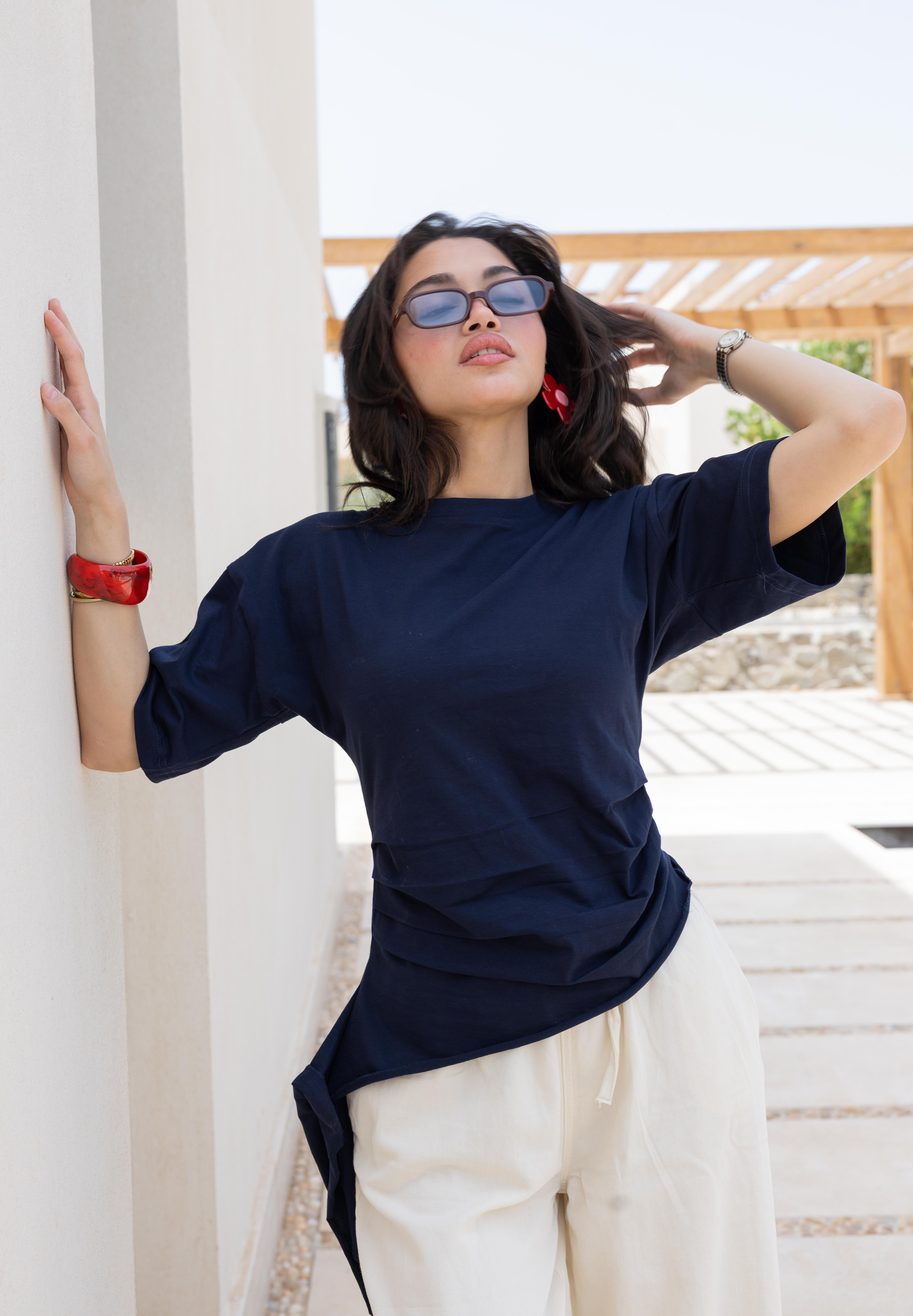 Short sleeve ruched T-shirt In Navy Blue