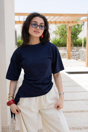 Short sleeve ruched T-shirt In Navy Blue