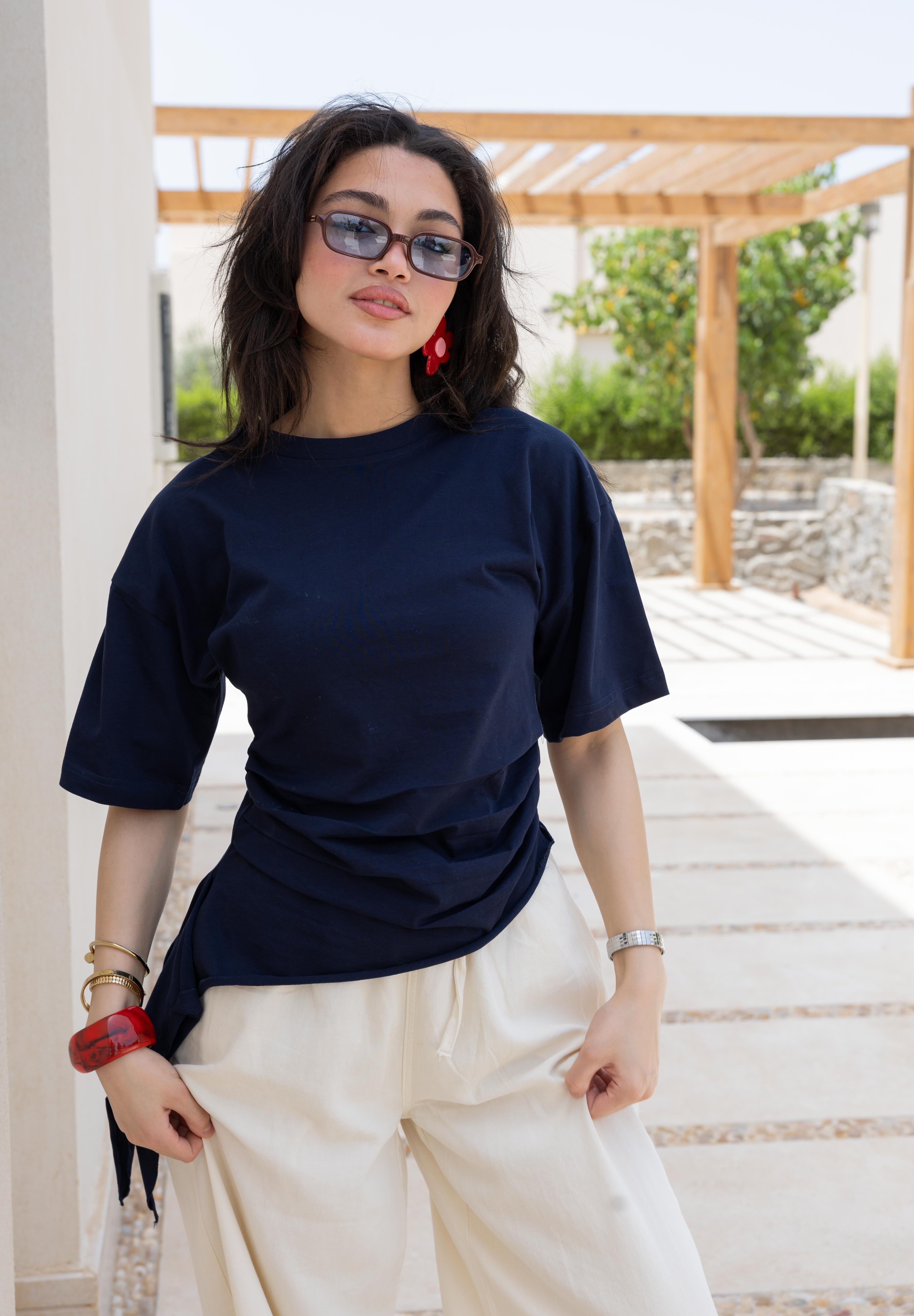 Short sleeve ruched T-shirt In Navy Blue