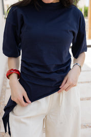 Short sleeve ruched T-shirt In Navy Blue