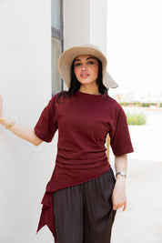 Short sleeve ruched T-shirt In Wine