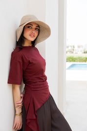 Short sleeve ruched T-shirt In Wine