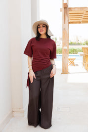 Short sleeve ruched T-shirt In Wine