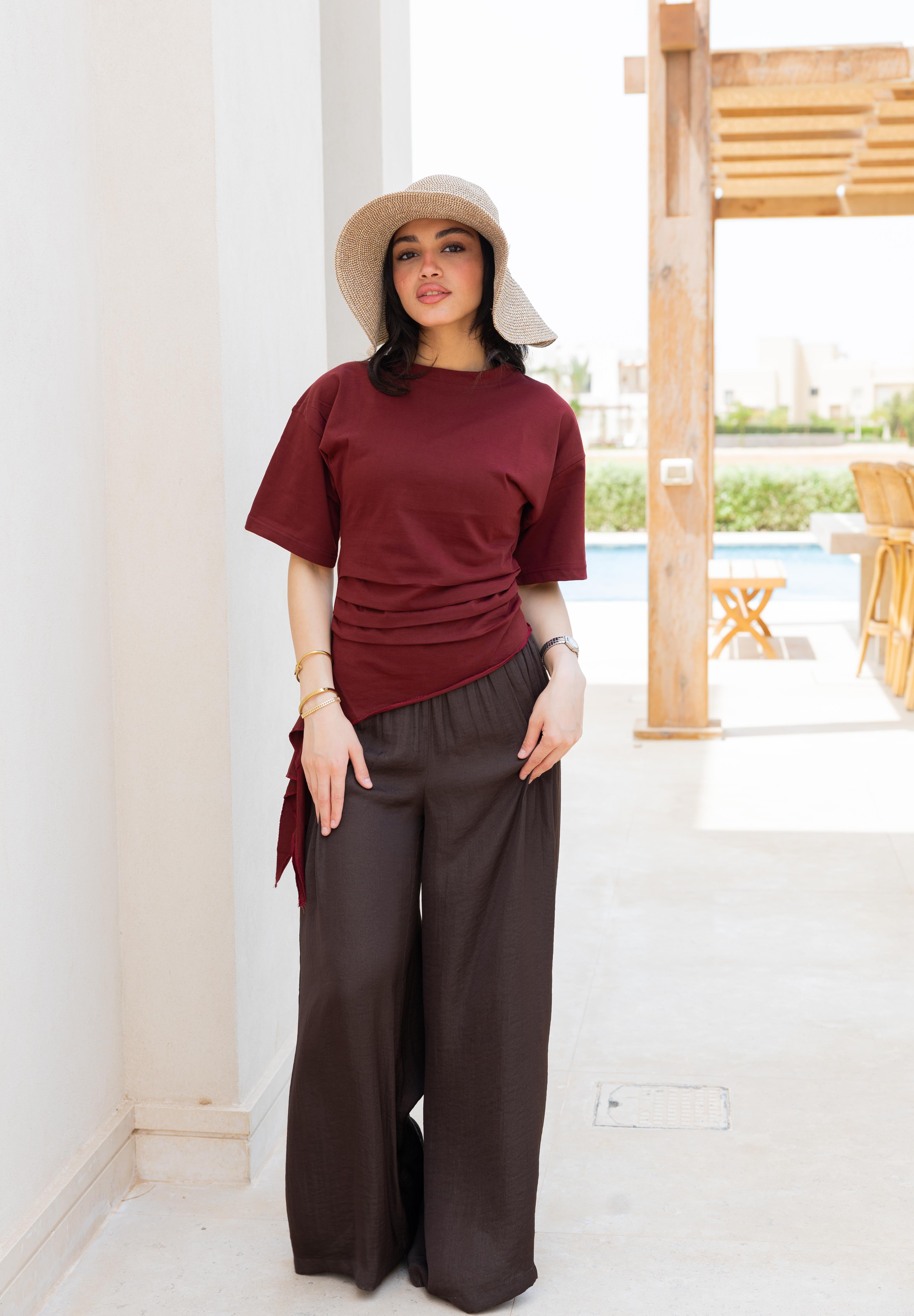 Short sleeve ruched T-shirt In Wine