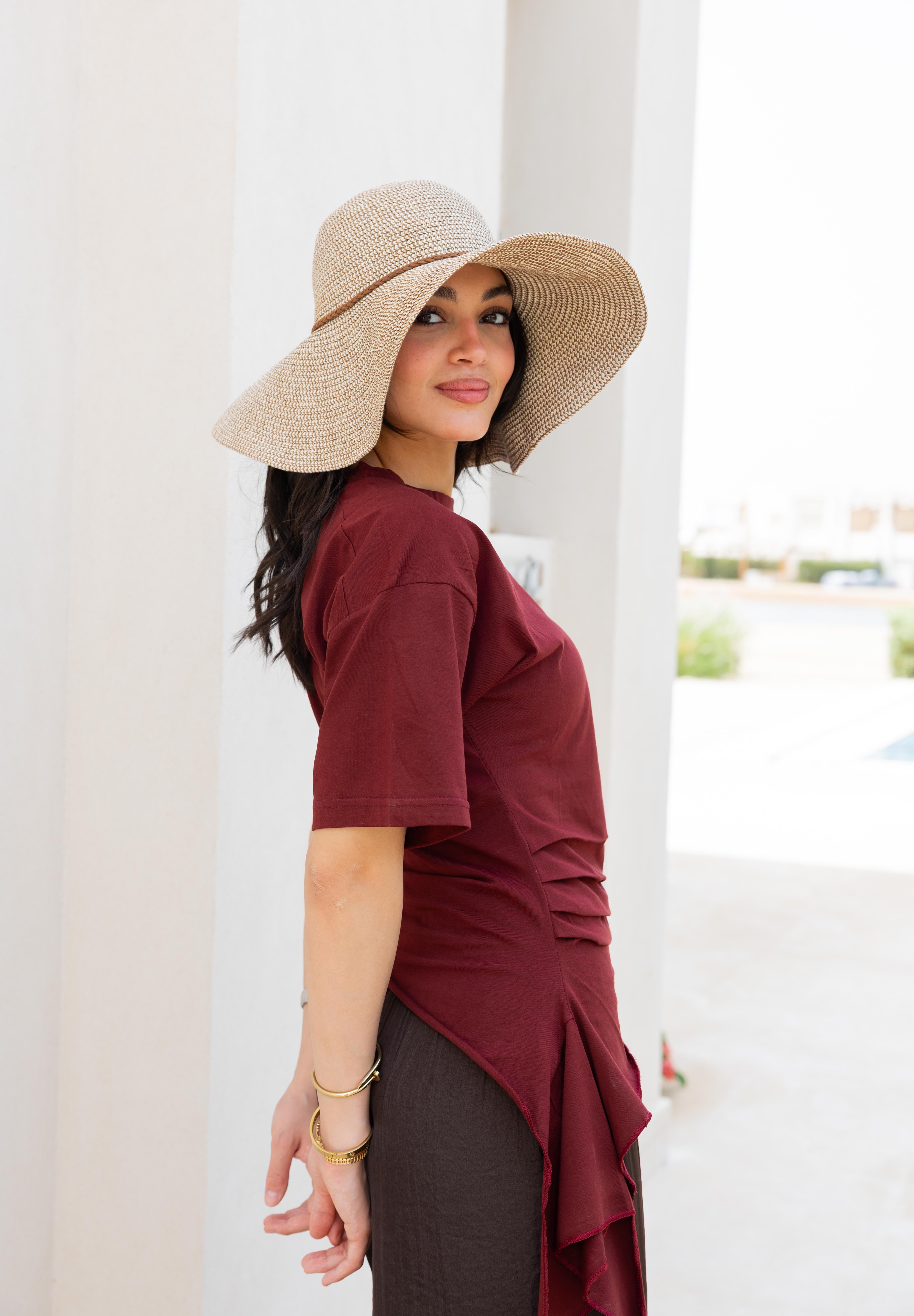 Short sleeve ruched T-shirt In Wine