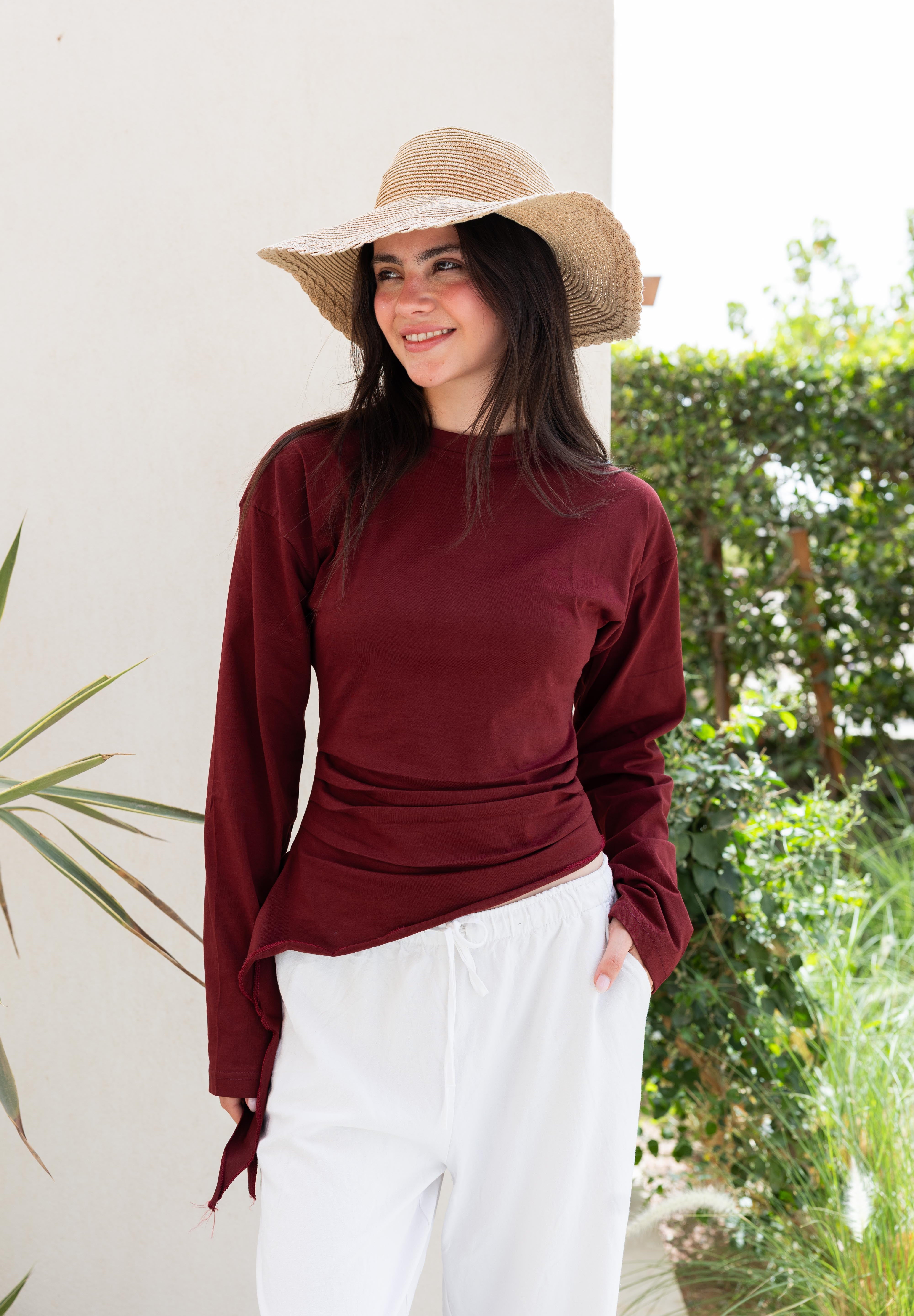 long sleeve ruched T-shirt In Wine