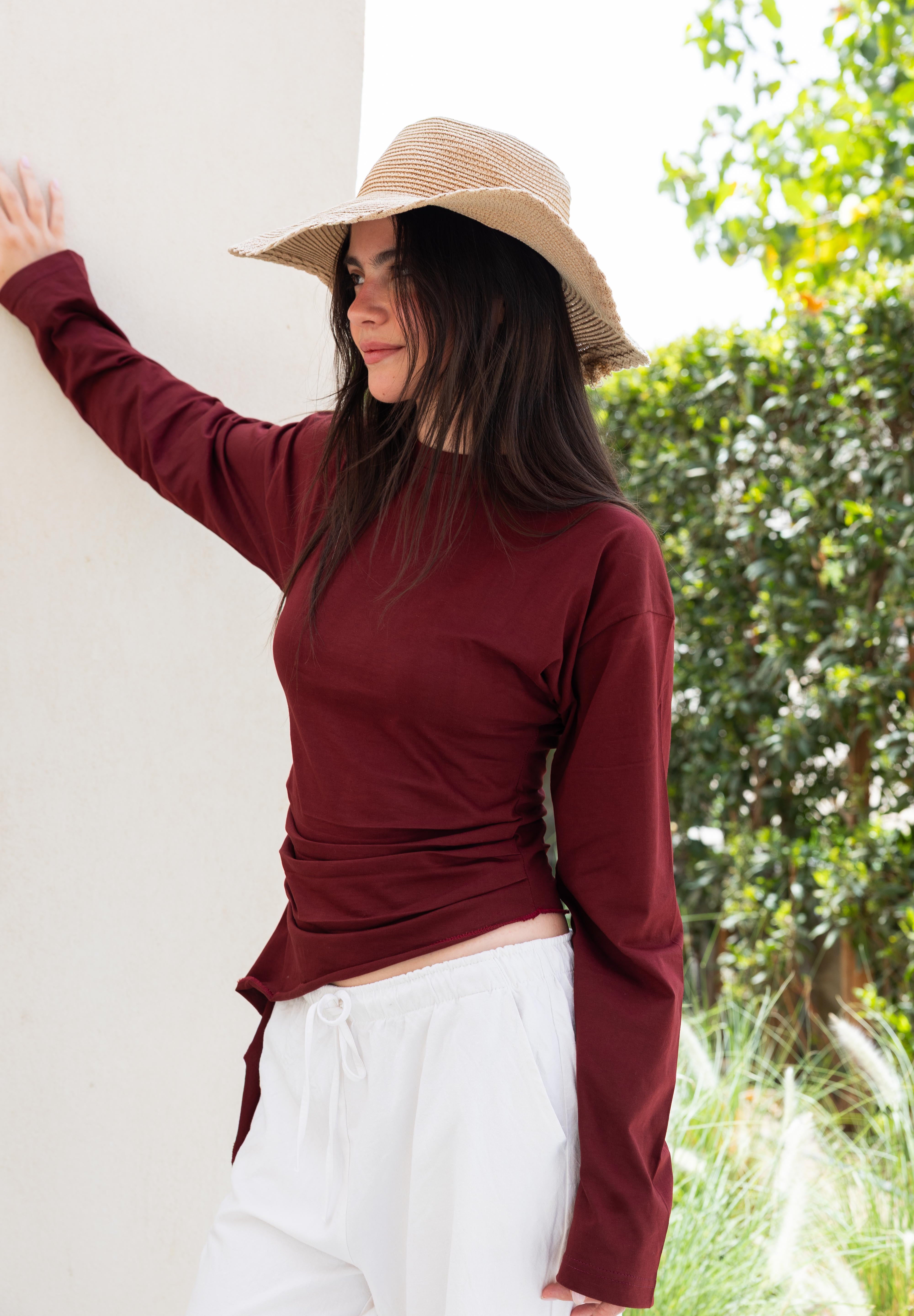 long sleeve ruched T-shirt In Wine