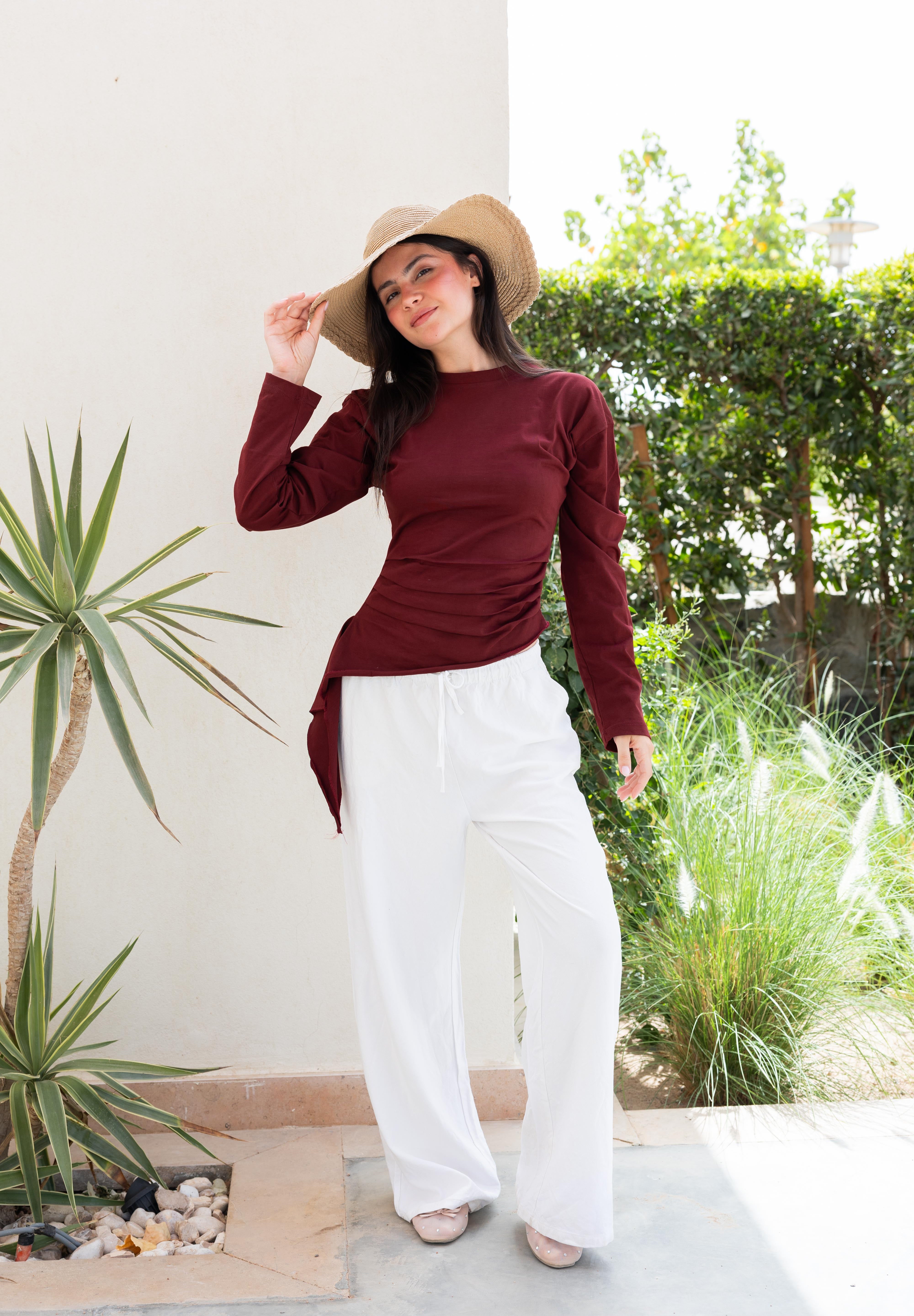 long sleeve ruched T-shirt In Wine