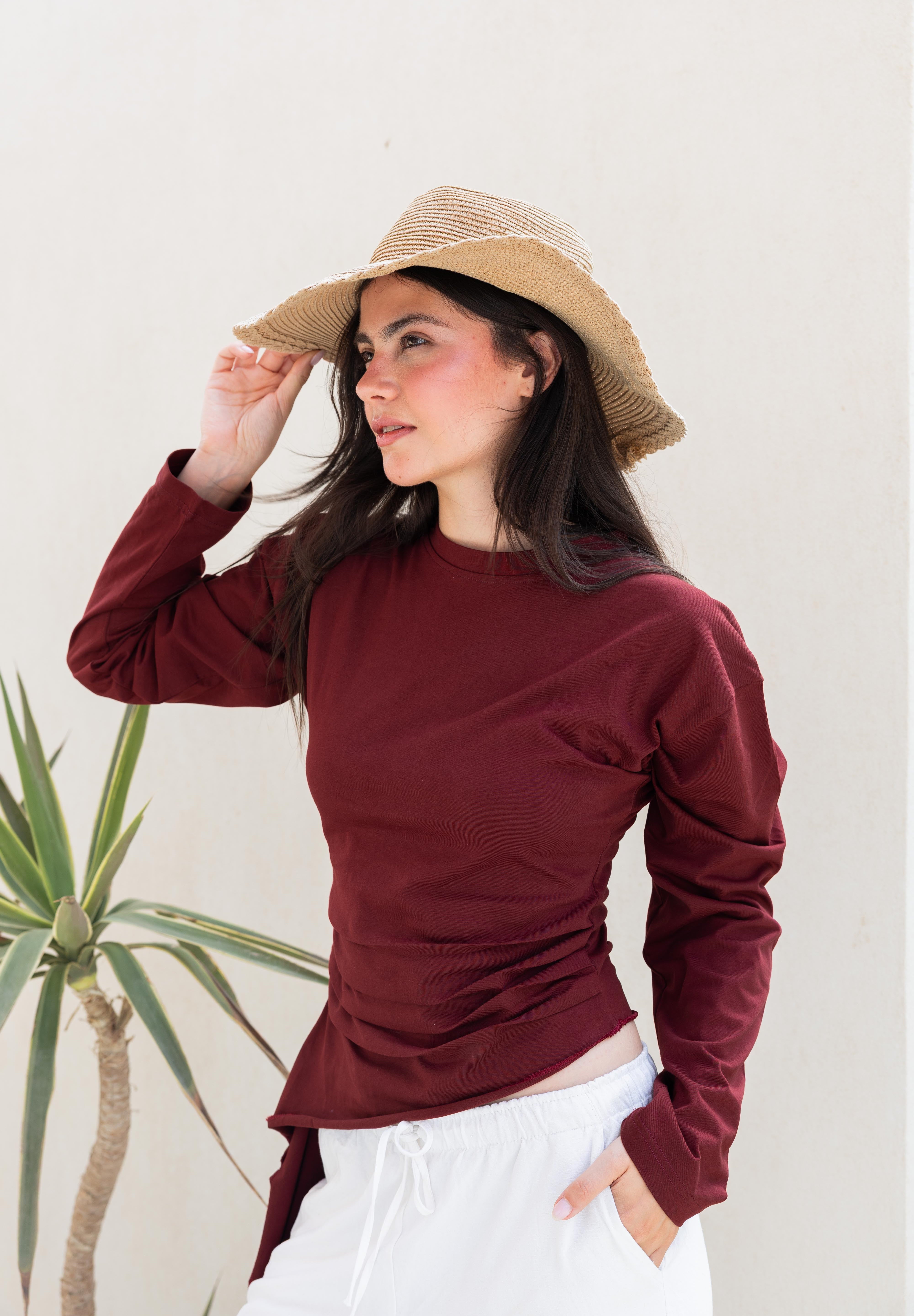 long sleeve ruched T-shirt In Wine