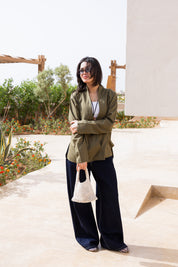 Flowing linen wrap blouse In Olive