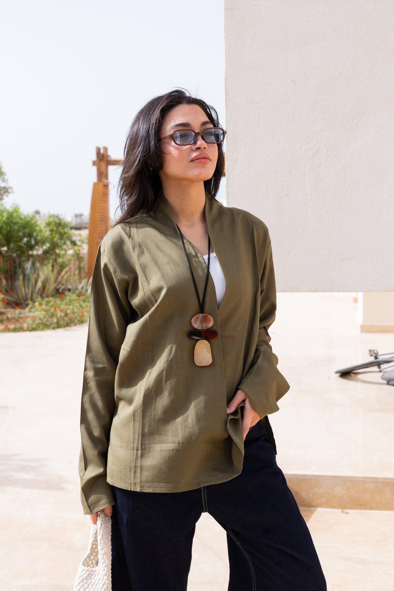 Flowing linen wrap blouse In Olive