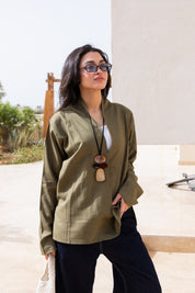 Flowing linen wrap blouse In Olive