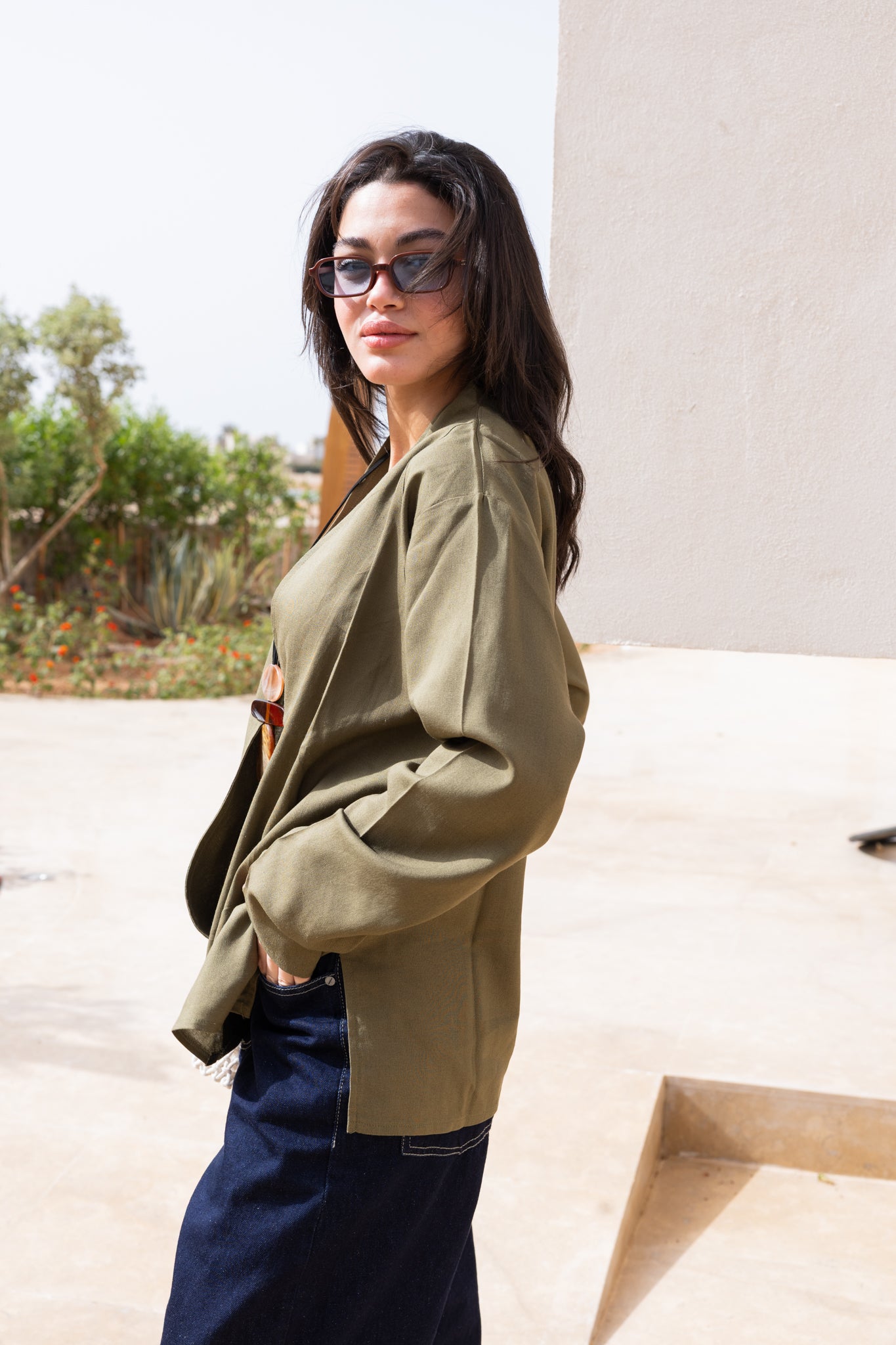 Flowing linen wrap blouse In Olive