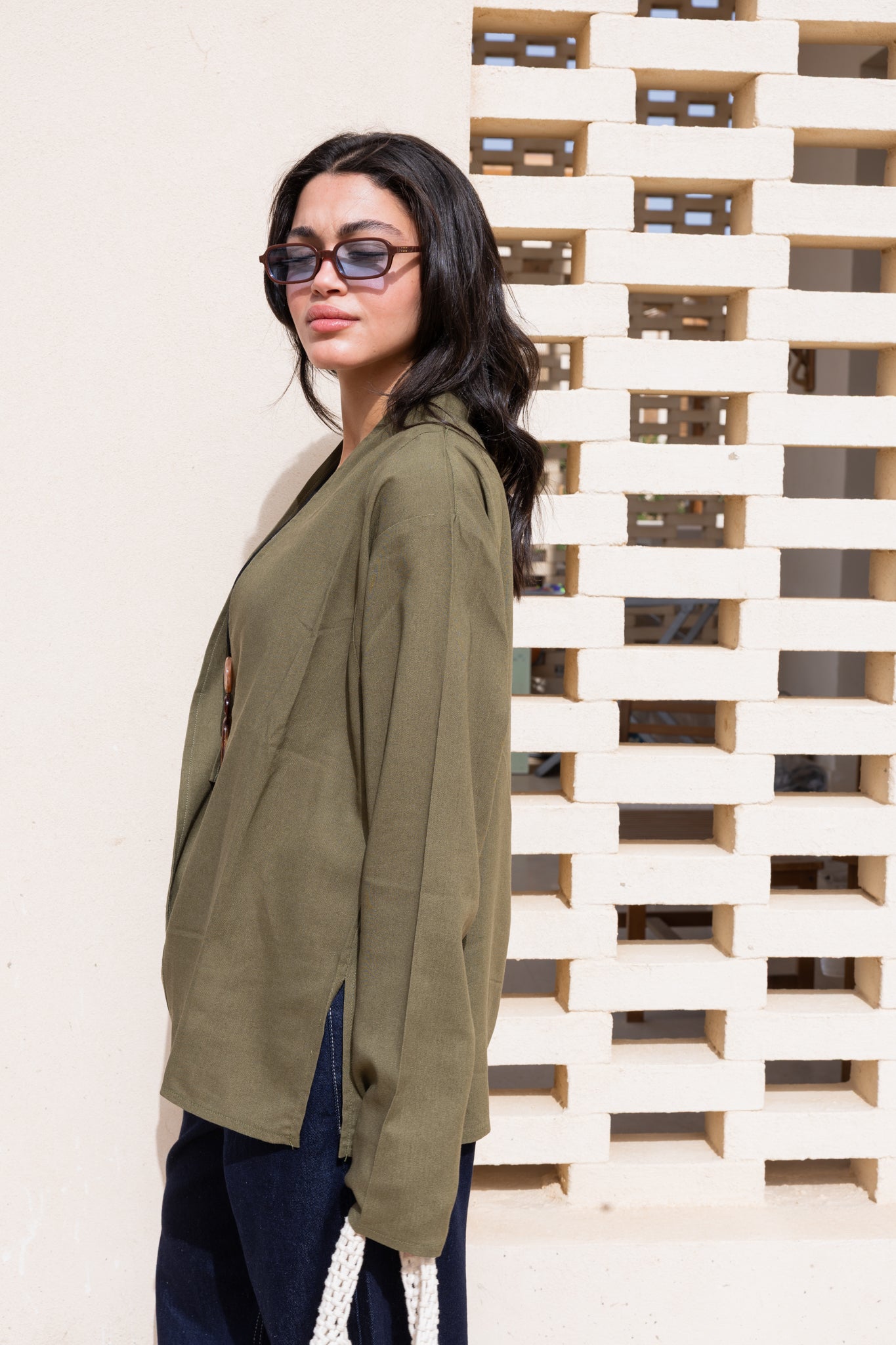 Flowing linen wrap blouse In Olive