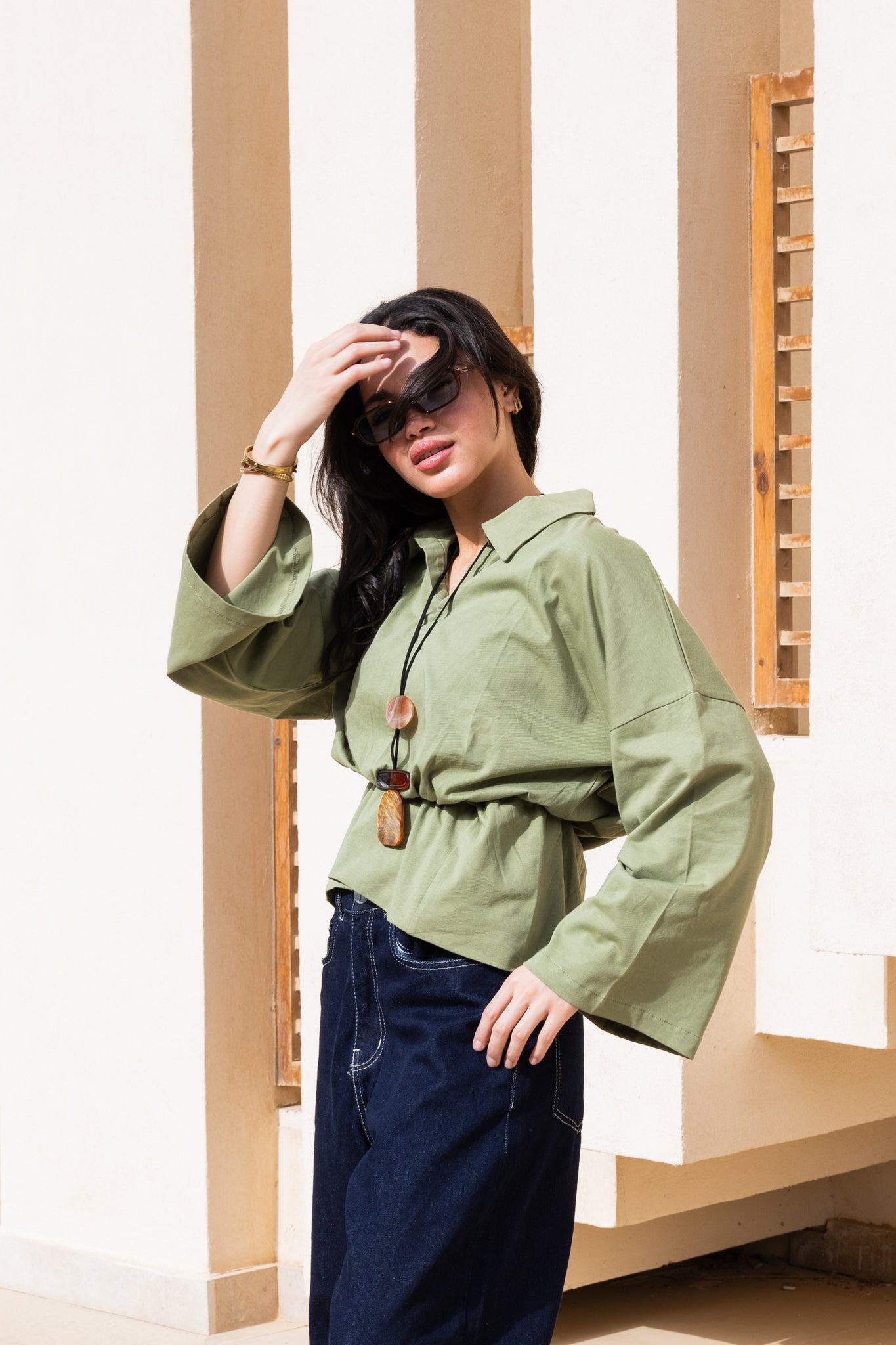 Polo Corset Blouse In Sage