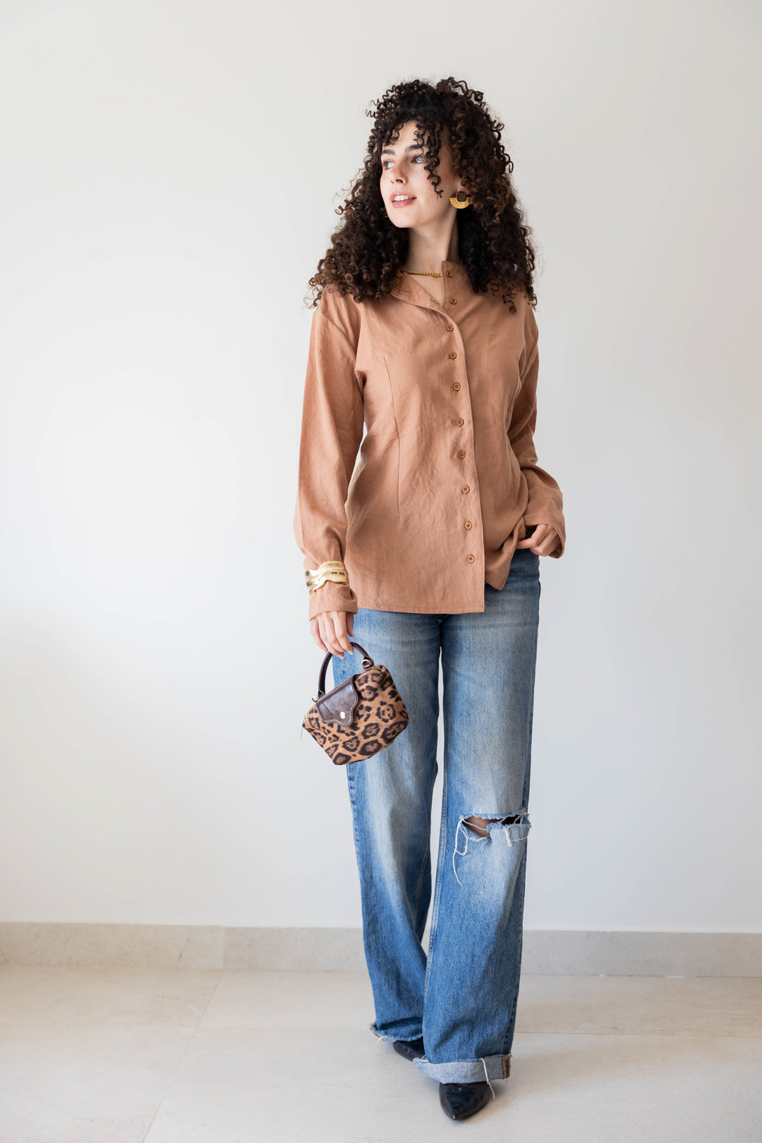 Camel Buttoned Linen Shirt