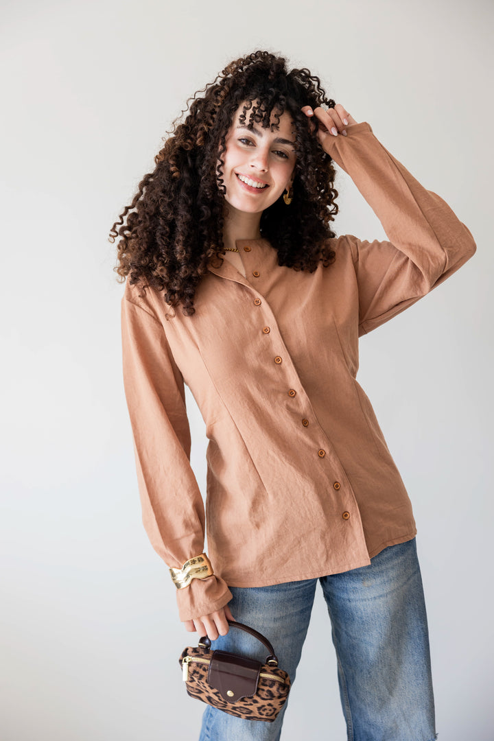 Camel Buttoned Linen Shirt