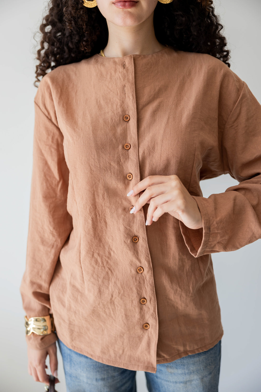 Camel Buttoned Linen Shirt