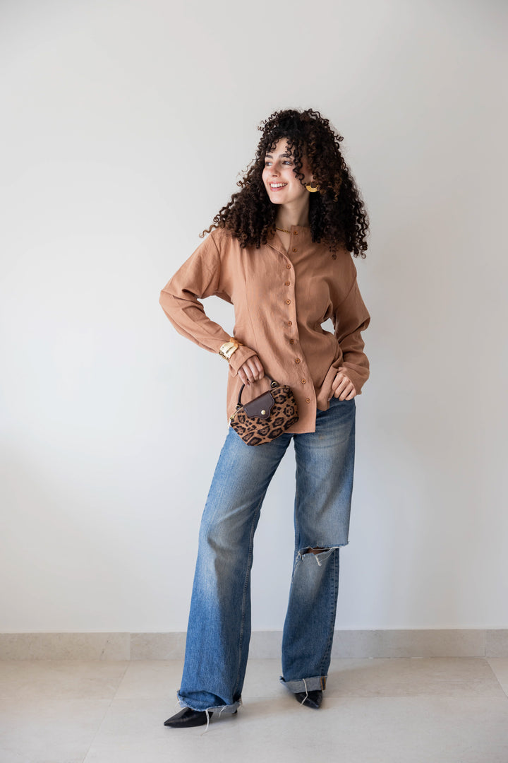 Camel Buttoned Linen Shirt