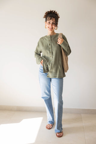 Olive Buttoned Linen Shirt