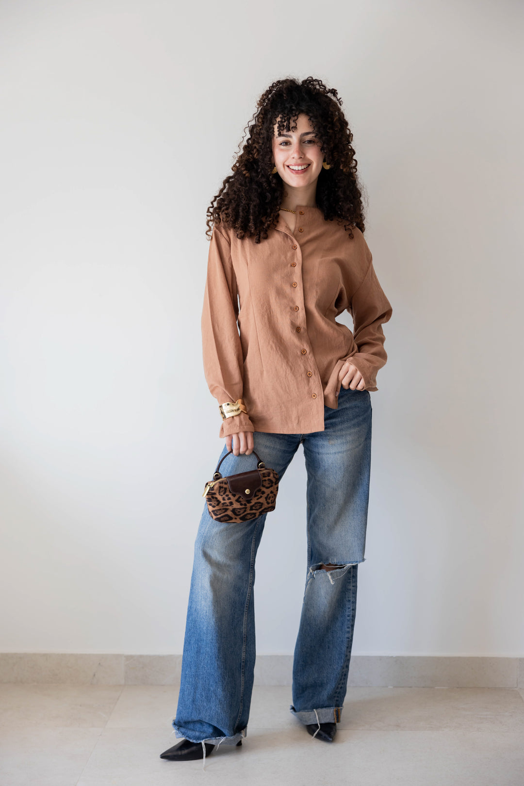 Camel Buttoned Linen Shirt