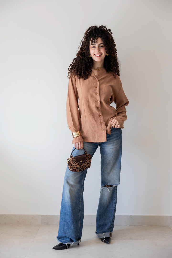 Camel Buttoned Linen Shirt